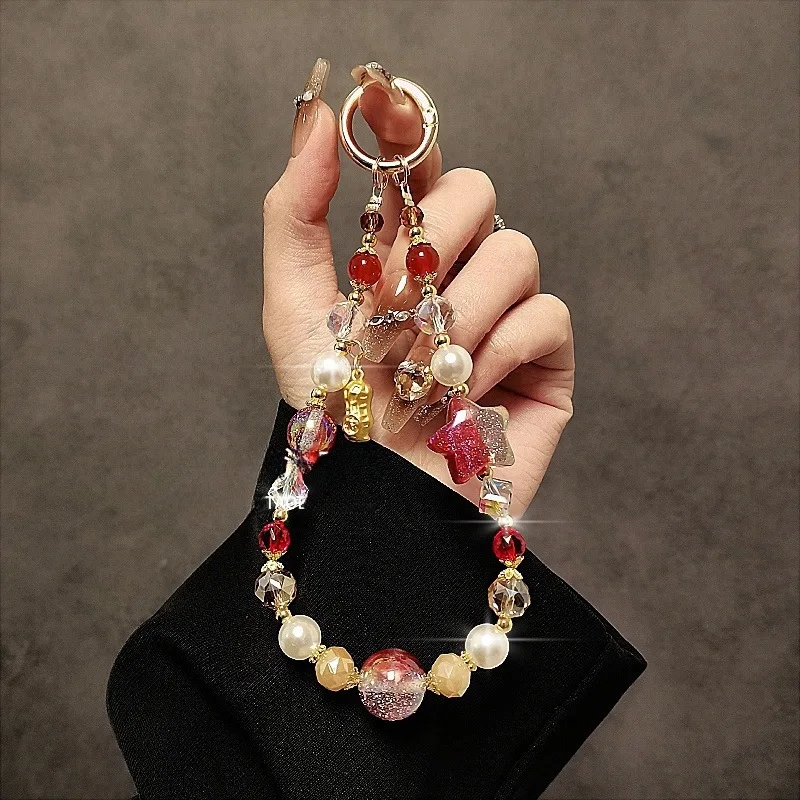 

Luxury Pentagram Mobile Phone Wrist Chain Starry Sky Crystal Bead Bracelet Phone Lanyard Hanging Rope Trendy Phone Case Pendant