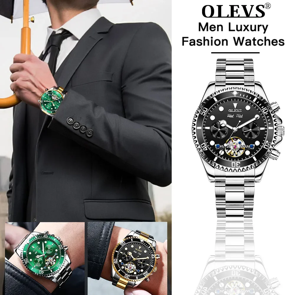 OLEVS Luxury Watch for Men Original Automatic Mechanical Men's Watches Hollow Dual Calendar Waterproof Wristwatches Reloj Hombre