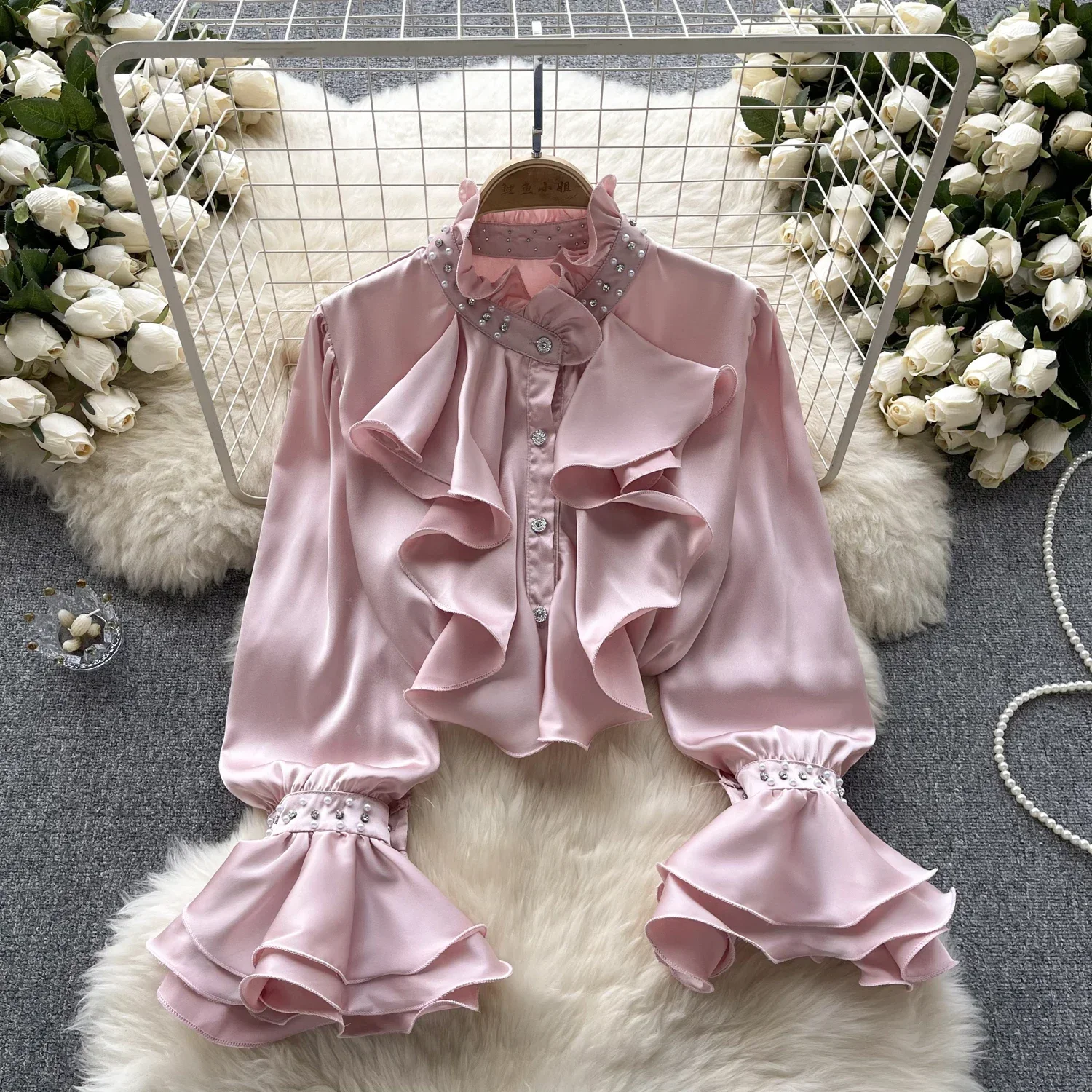 2024 New Vintage Rhine Stone Long Sleeve Blouse Slim Elegant Fashion Crop Top Sexy Spring Autumn Women Shirt