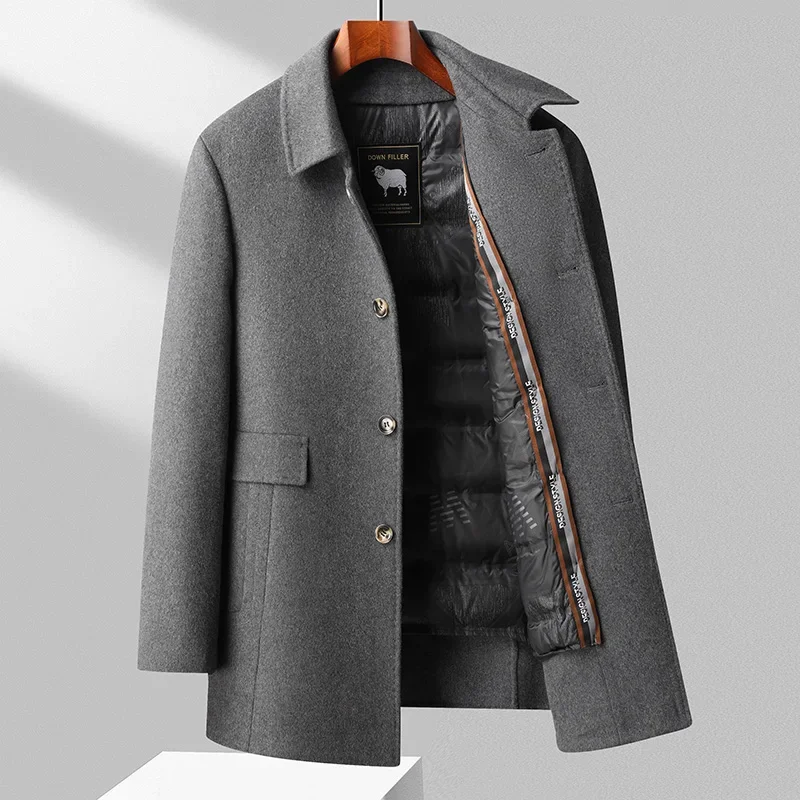 

Autumn Winter Detachable Goose Down Inner Warm Woolen Coat Business Casual Solid Thick Overcoat Mid-Length Wool Windbreak Jacket