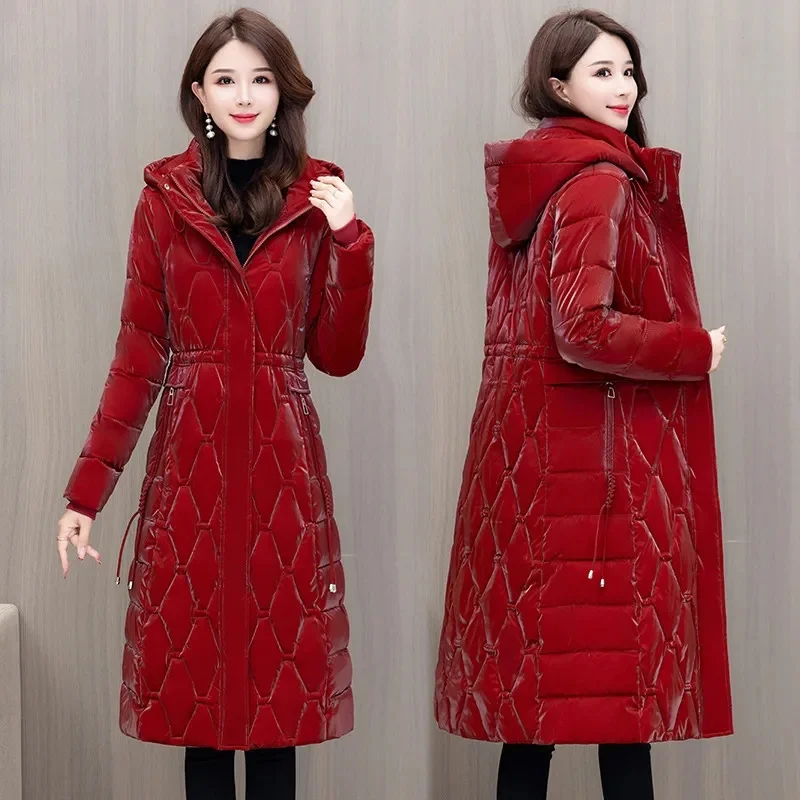 Winter Parkas Long Glossy Down padded jacket Women new Fashion Loose Hooded Windproof Warm Cotton Clothes Female overcoat T545