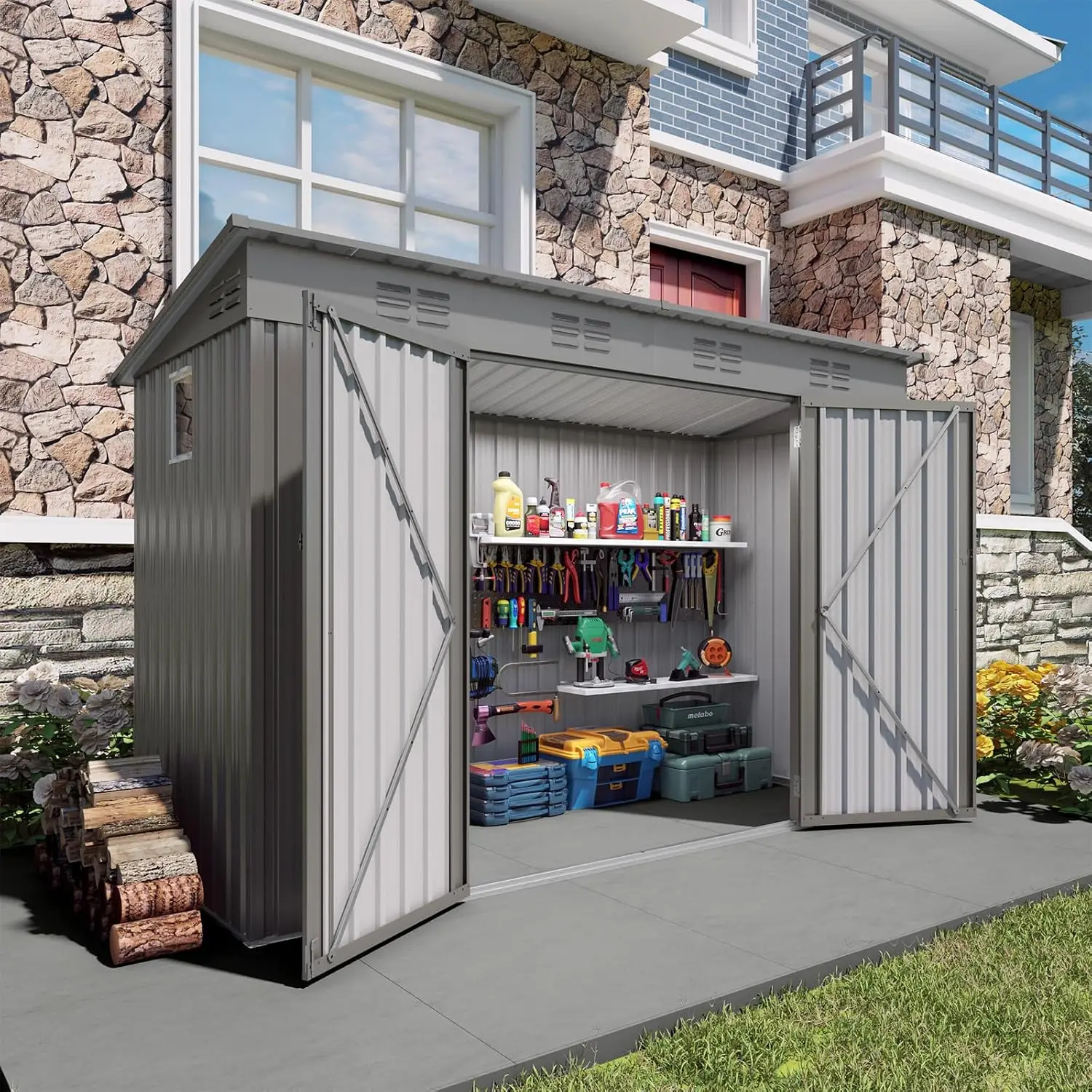 4x9 FT Metal Outdoor Storage Shed with Sloping Roof, 2 Vents Side Door for Backyard Garden Patio, Gray, Customized