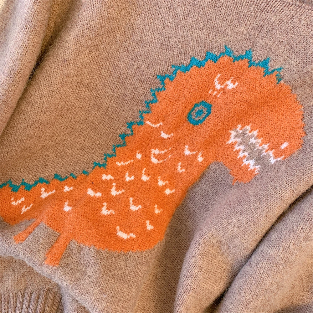 Donne Khaki Pullover Modello Dinosauro O-Collo Maglione Harajuku Vintage Y2k Oversize Cashmere Maglione Giapponese 2000s Vestiti 2025