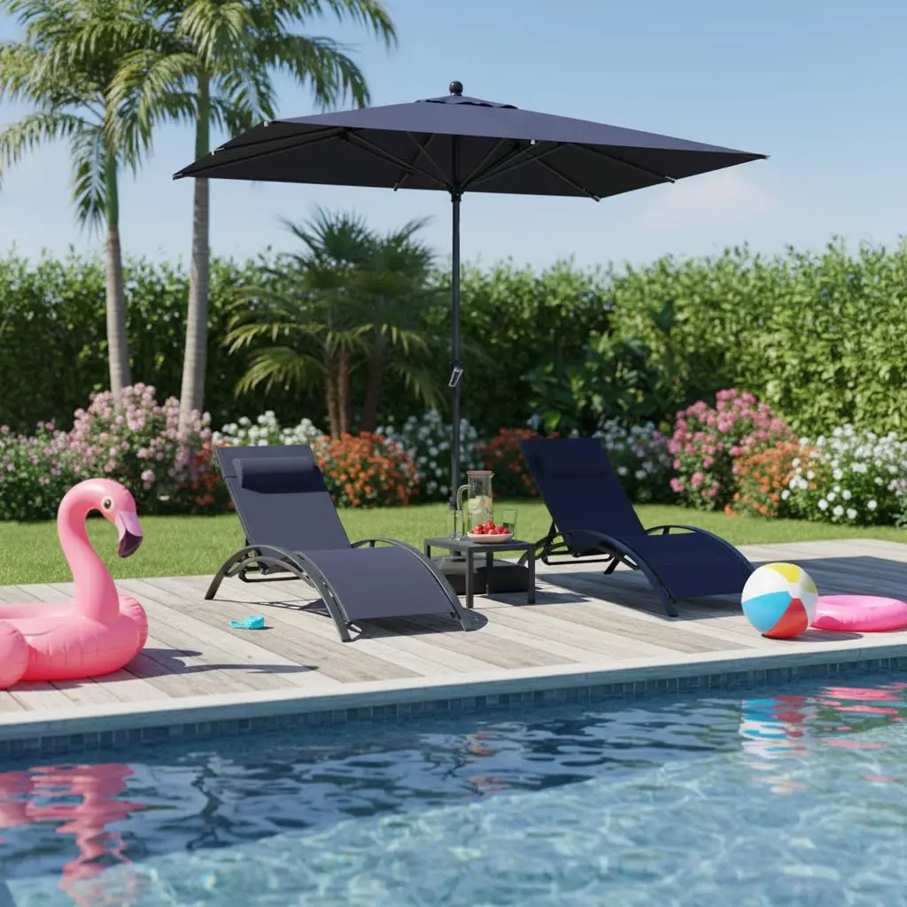 Patio Chaise Lounge with Tilt Umbrella 10x6.5ft Navy, 99% UV Protection, Base & Side Table, for Pool Lawn, Customized