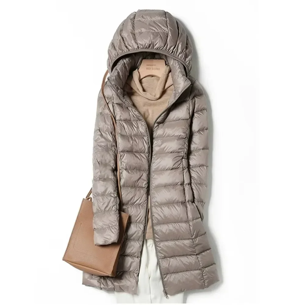 Chaqueta acolchada de invierno ajustada para mujer, Parka, abrigo largo ligero y fino a la moda con capucha, ropa de abrigo cálida desmontable, impermeable, estilo callejero
