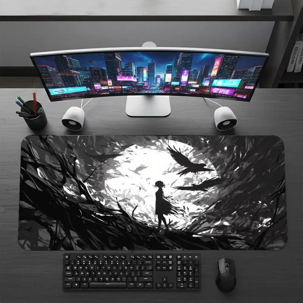 XXL Shattered Mirror Ethereal Anime Girl Mousepad Monochrome Dark Abstract Deskmat Anti-slip Rubber Overlock Large Gaming Mats