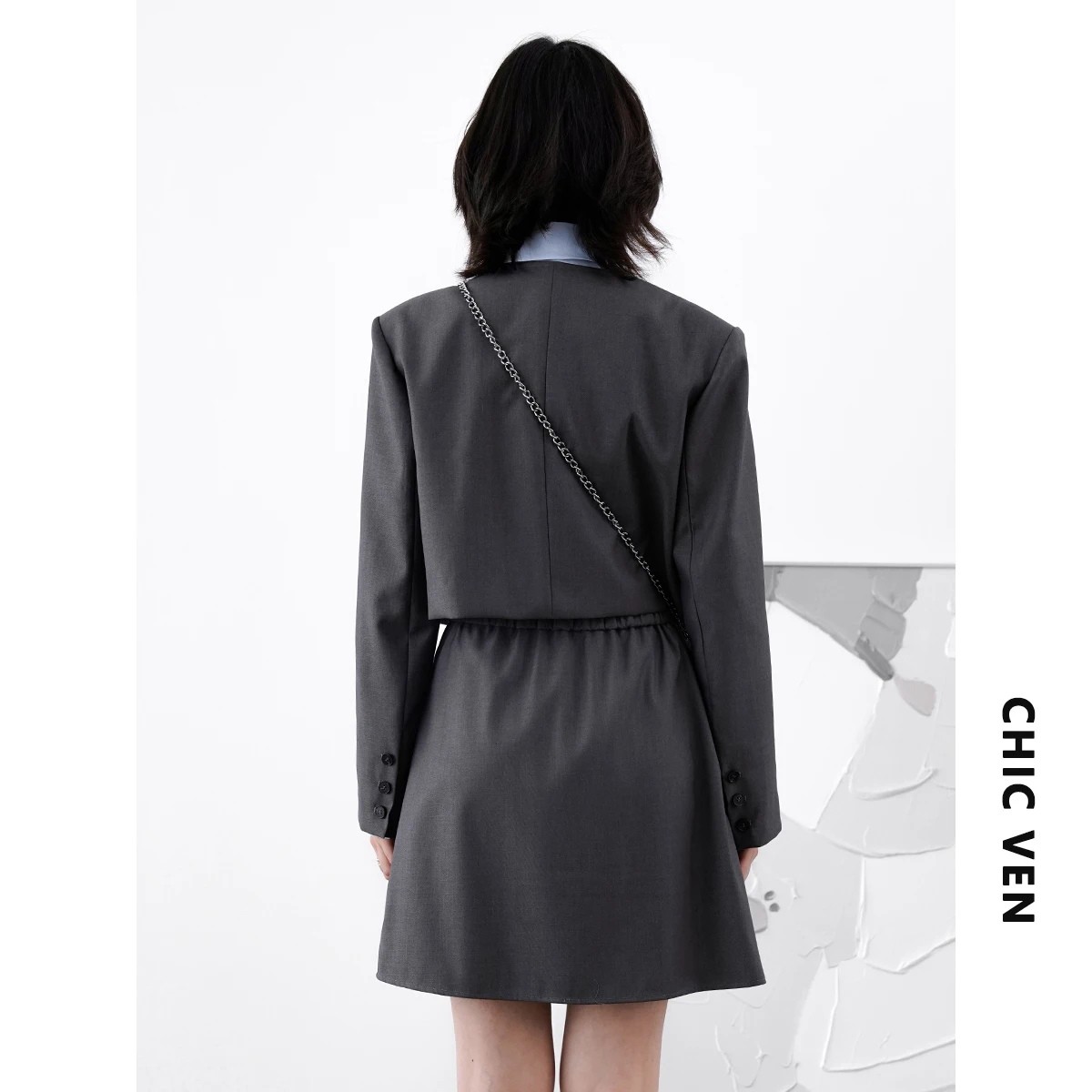 CHIC VEN Women\'s Blazer Skirt Suits Long Sleeve Solid Short Jacket A-line Pleated Two-piece Set Female Coat Spring Summer 2022