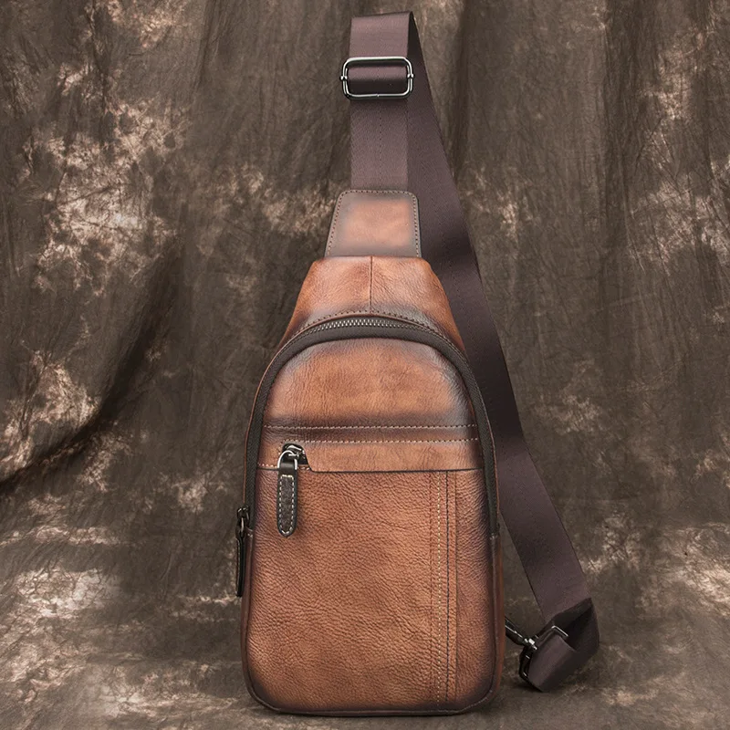 Vrijetijdsmode Koeienhuid Lederen Borsttas Voor Heren Vintage Crossbody Tas Mannelijke Casual Schoudersling Kleine Rugzak T208