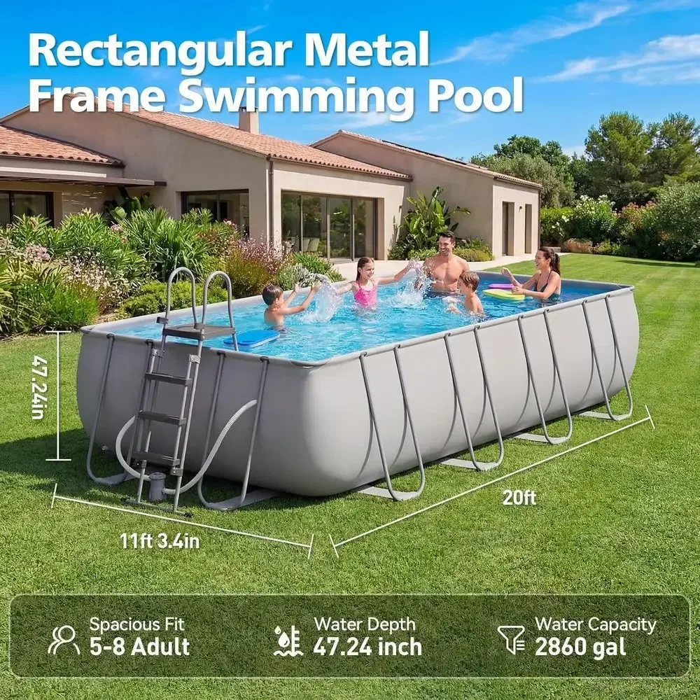 18' x 9' x 47 Family-Sized Rectangular Swimming Pool with Removable Ladder and Filter Pump, Gray