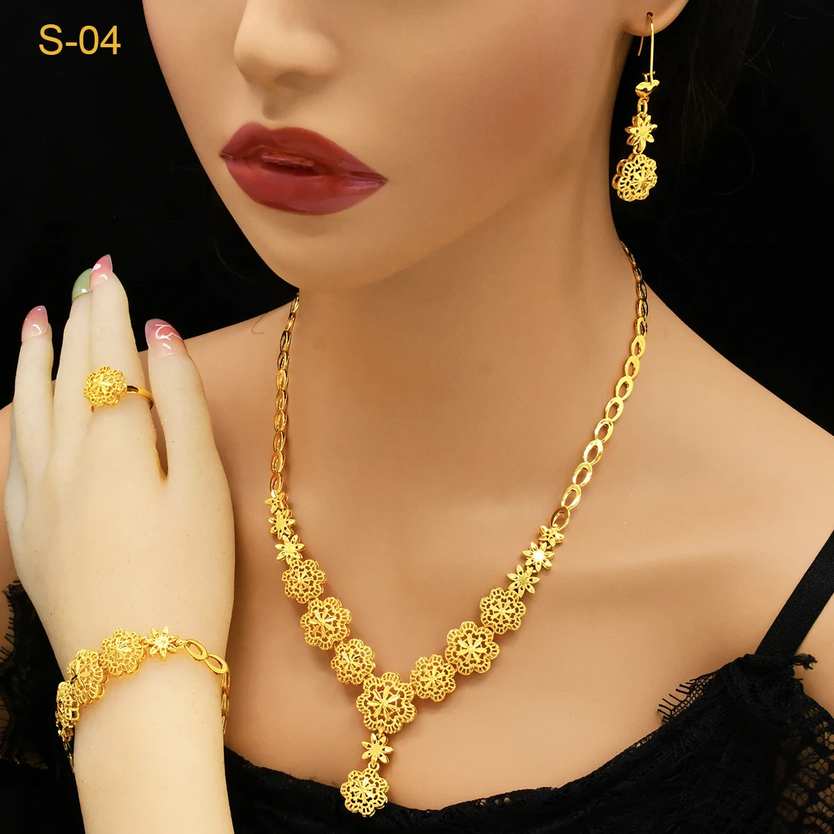 ANIID Indian 24k Gold Color Necklace Earrings Bracelet Ring Set Elegant Bridal Wedding Flower Shape Jewelry Sets for Dubai Lady