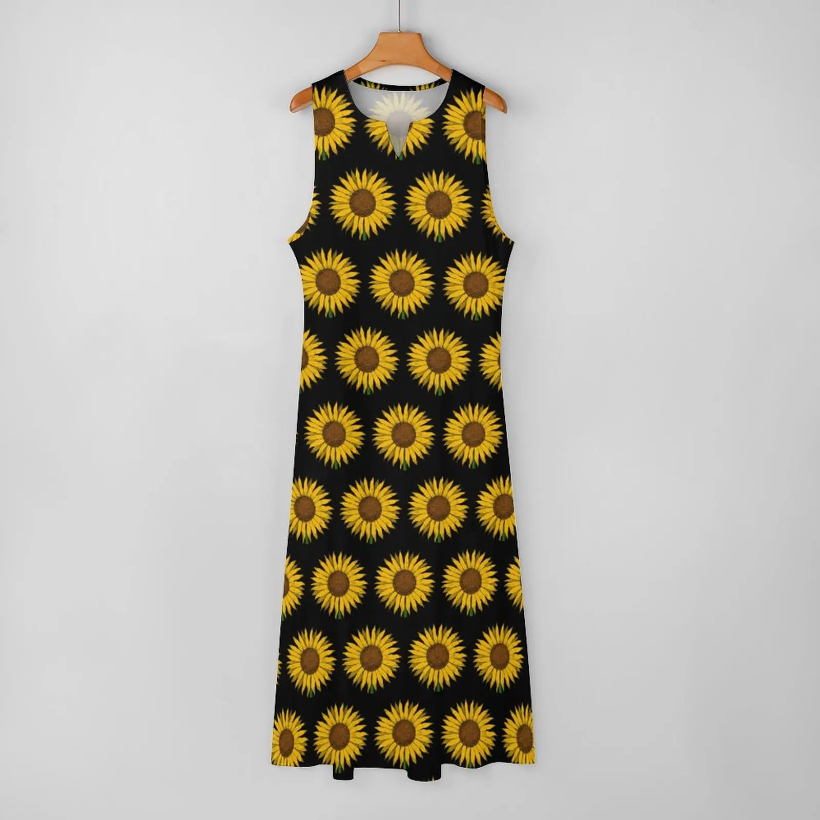 Vestido flor amarelo girassol impressão bonito maxi vestido coreano moda casual vestidos longos verão sem mangas roupas tamanho grande 4xl