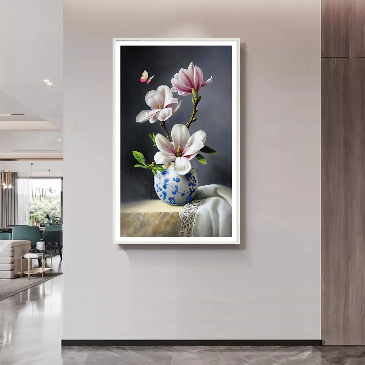New Chinese-Style Magnolia Blossom Vase Cross-Stitch Kit, Handmade DIY Embroidery Material Package, Pink and White Magnolia Blue-And-White Porcelain Vase, Precision Printing, Decorative Painting for Living Room and Study