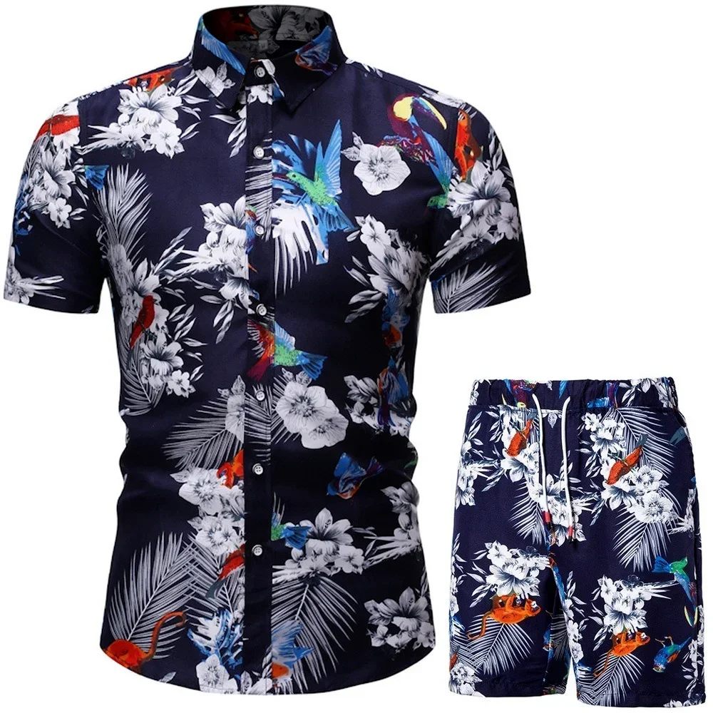 Herren-Kleidungsset 2024, zweiteiliges Set, Sommer, Strandkleidung, Blumendruck, Freizeithemd und Shorts, Hawaii-Hemd, Urlaubskleidung