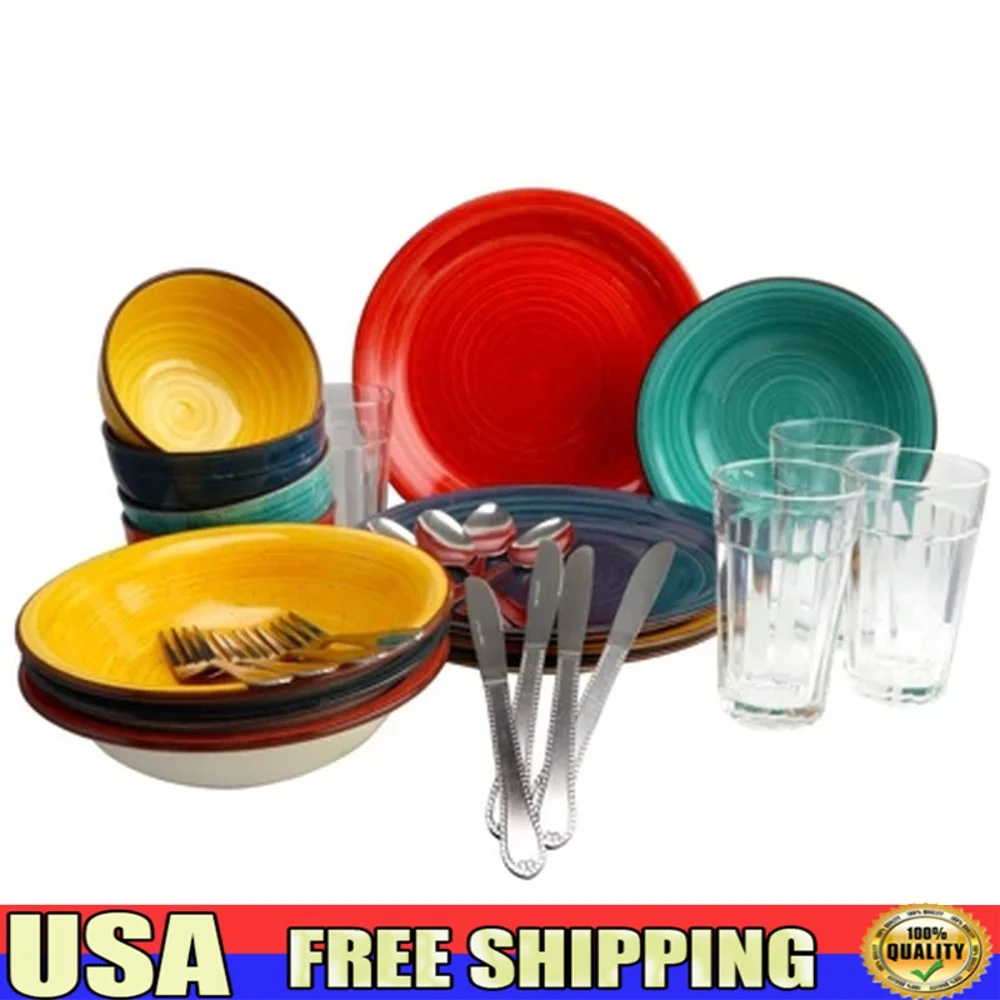 

28 Piece Stoneware Dinnerware Set Service 4 Dishwasher Safe Microwave Safe Includes Tumblers Flatware Bowls Plates Perfect
