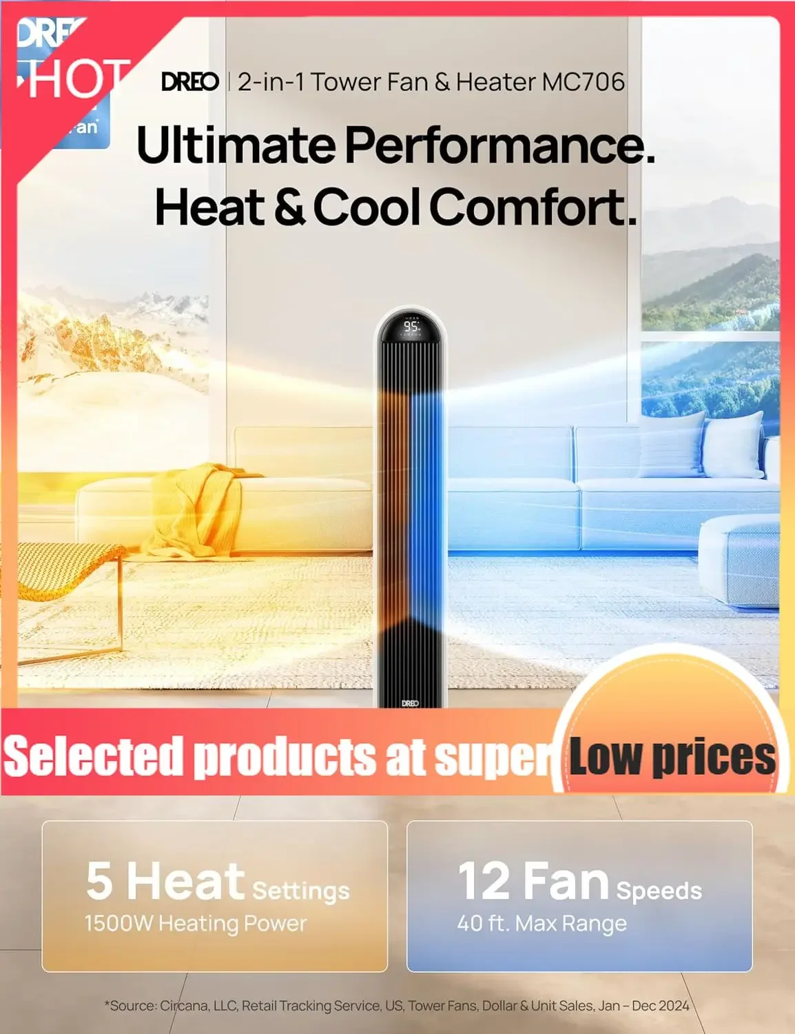 

Competitive Item-Tower Fan And Heater Combo, 29.2ft/s Standing Fans For Bedroom, 17 Levels, 6 Modes, 120° Oscillation, 42 Inch,