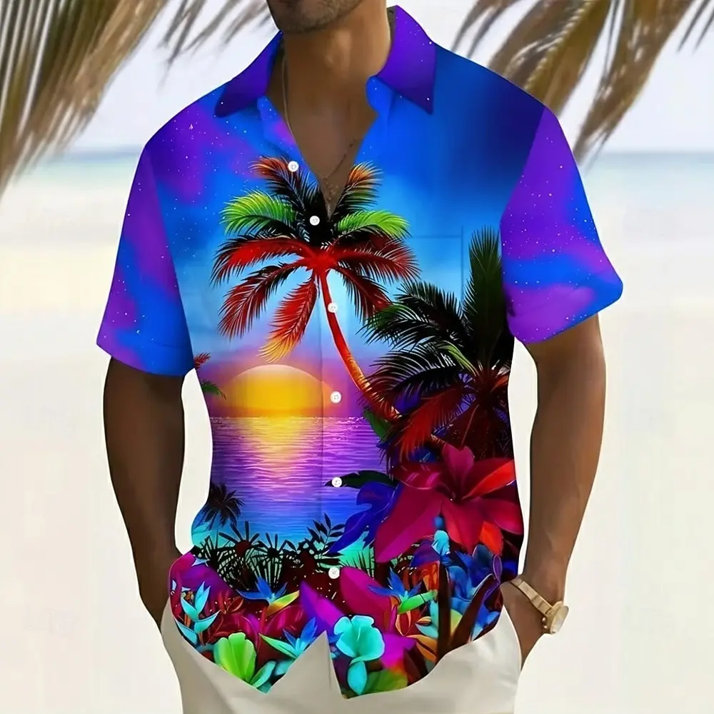 

en's Coconut Tree Tropical Hawaiian Shirt, Short Sleeve Lapel 3D Print Button Up Vacation Shirt
