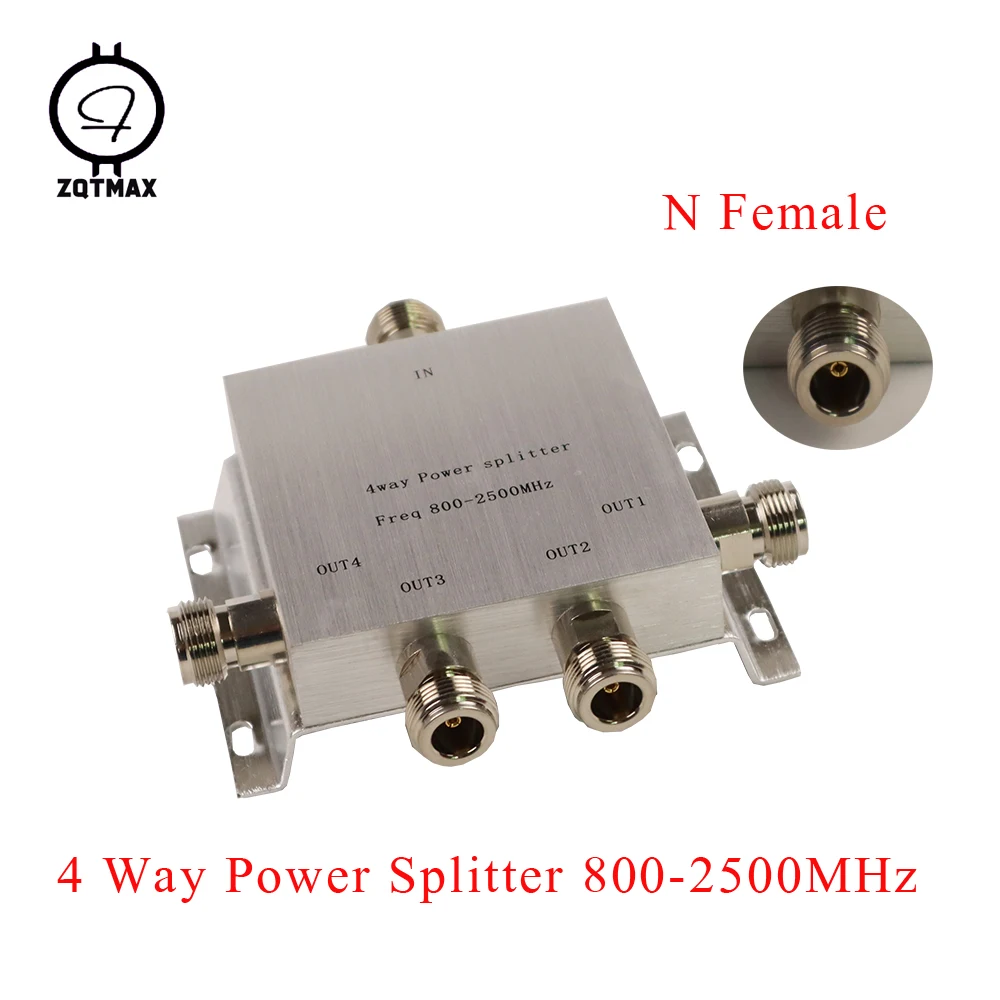 ZQTMAX 4 Way Power Splitter 800-2500MHz Divider N female for GSM CDMA Wcdma 2G signal booster and Walkie talkie