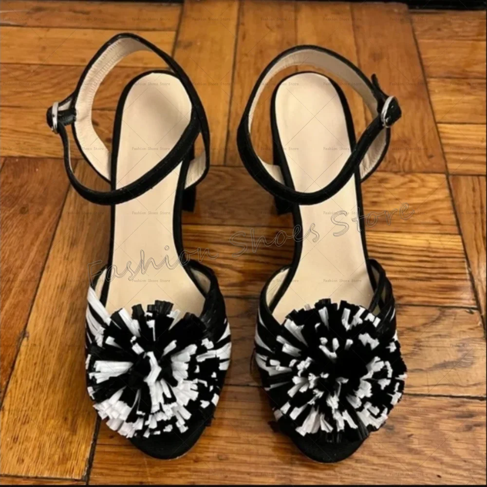 

Black White Flower Decor Open Toe Slippers Buckle Strap Women Shoes Thick Heel Party Banquet Dating 2025 Zapatos Para Mujere