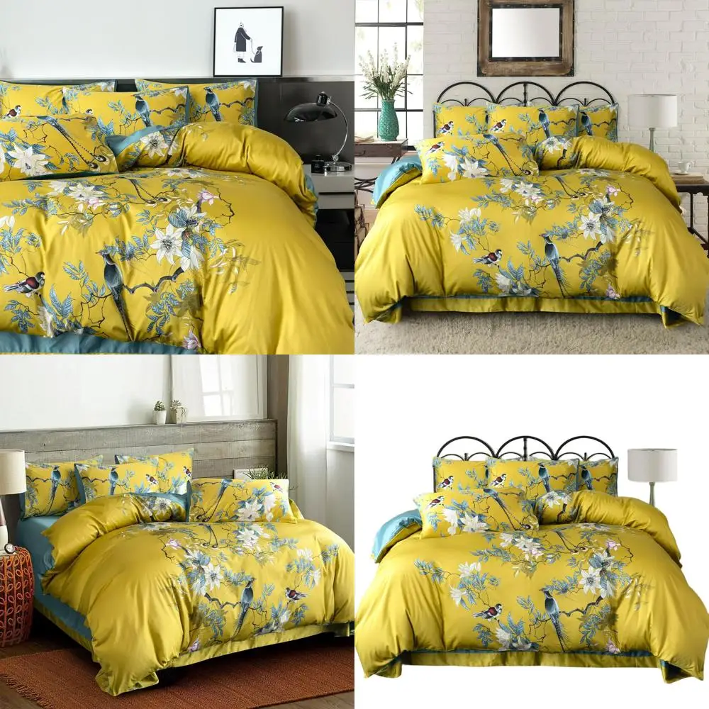 

Cotton Queen Duvet Set with Birds and Floral Print in Yellow Garden Style