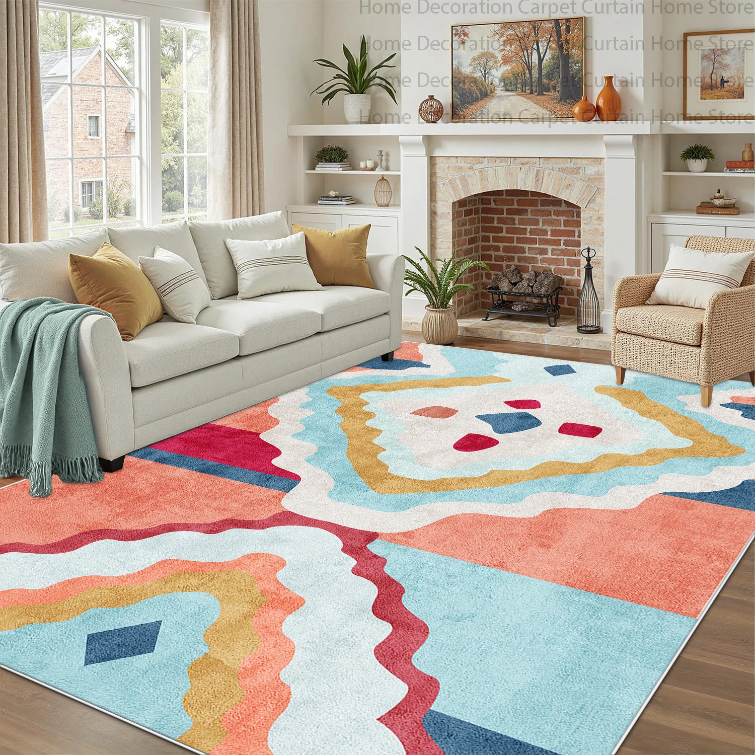 Ethnic Vibrant Color Geometric Rug Large Living Room Retro Carpets Tribal Home Decor Fluffy Non-slip Washable Bedroom Floor Mats