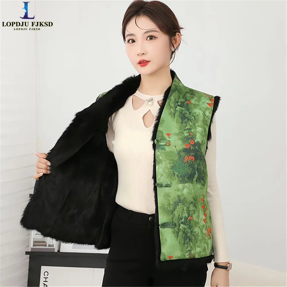 

Real Rabbit Fur Coat for Women's,Single Breasted Vest Jacket,Chinese Style Sleeveless Waistcoat,Thicken Warm Clothes, Winter