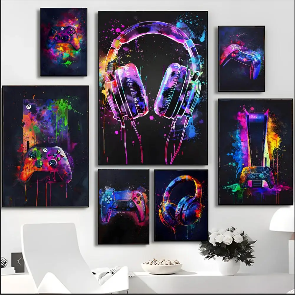 Watercolor Neon Video Game GamePad Headset Painting Calligraphy Canvas Poster Room Home Interior Wall Decoration Painting Art