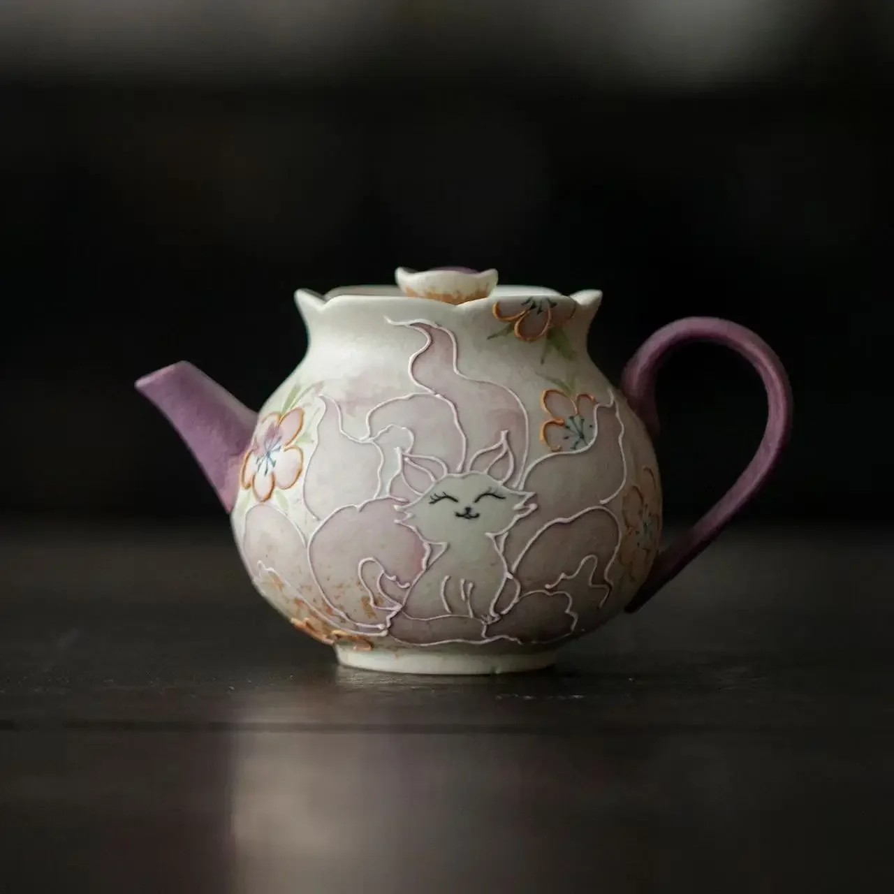 Japanese Flint Red Hand-painted Nine-tailed Fox Ceramic Hand-held Pot Kung Fu TeaSet Household Ball Hole Filter Antique Tea Bowl