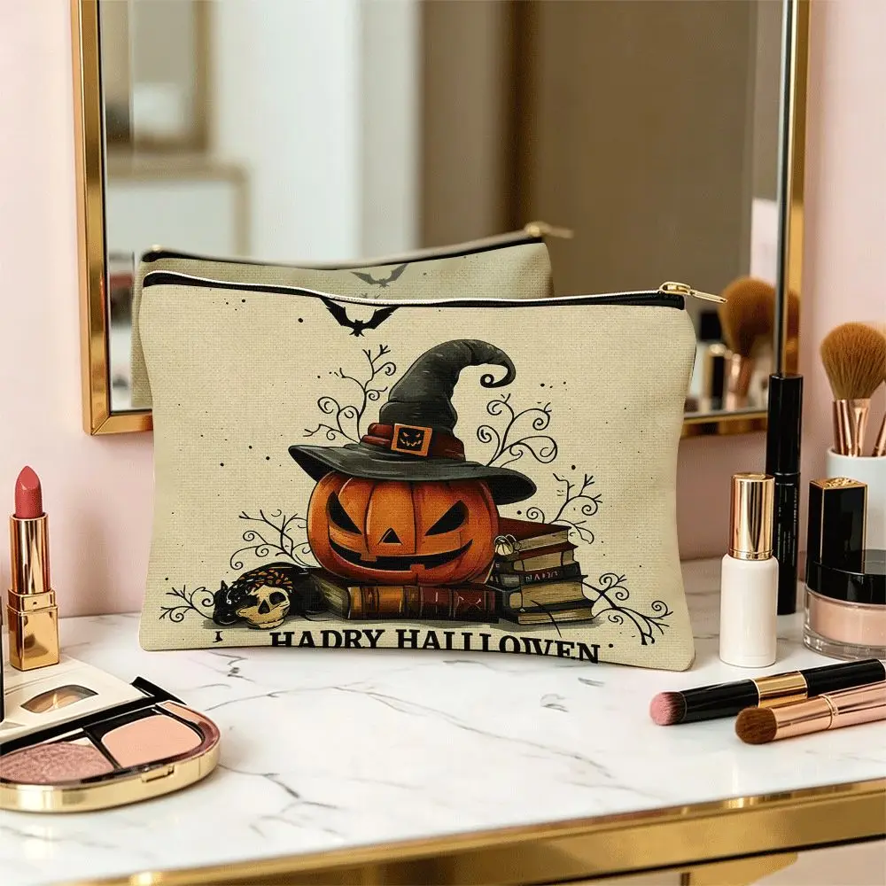 Halloween Themed Portable Makeup Bag Halloween Pumpkin Pattern Design Zipper Closure Student Stationery Pouch Cosmetic Storage