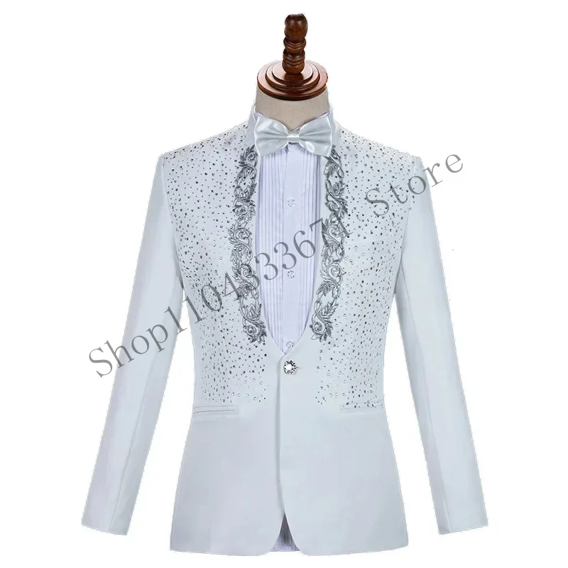 White Wedding Groom Suits Pants Slim Fit One Button Sequin Embroidery Tuxedo Suit Men Peak Lapel Stage Costume Traje Hom CMM