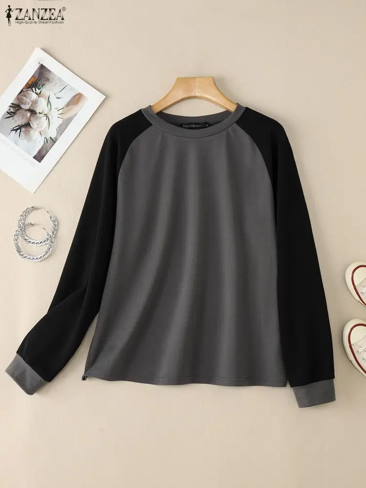 

ZANZEA Autumn 2025 Contrast-Color Pullovers Womens Casual O-Neck Raglan Sleeve Patchwork Sweatshirts Everyday Cozy Wear S-3XL