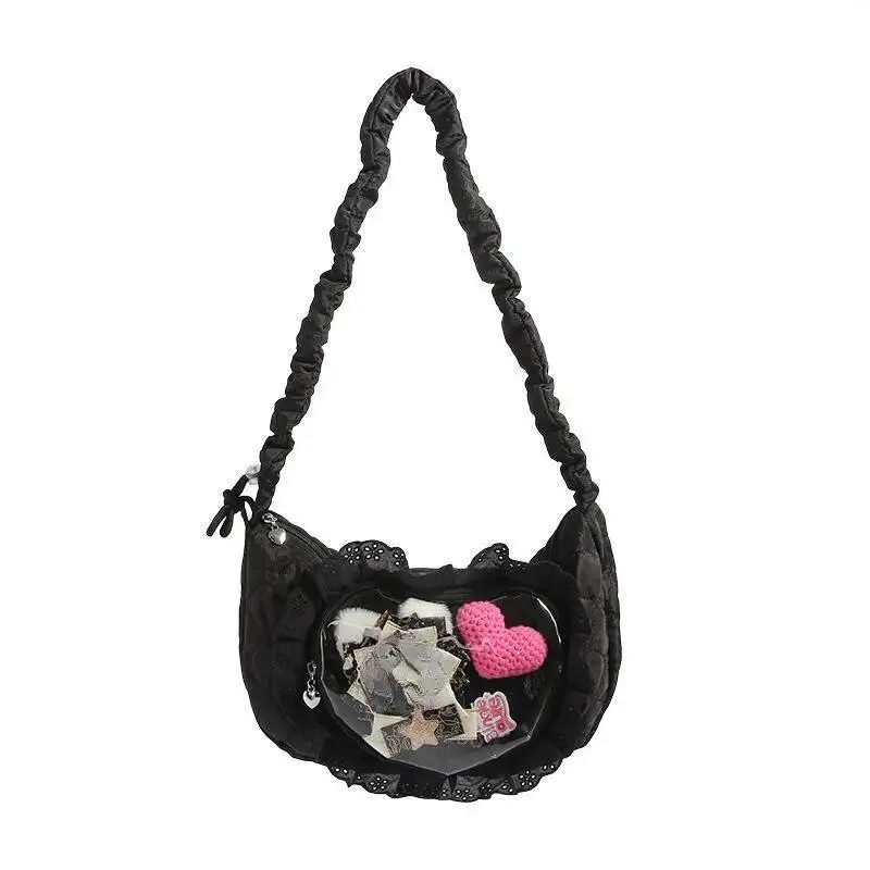 Transparent Heart Pleated Ita Bags Vintage All Match Women Casual Crossbody Bag Fashion Sweet Y2k Aesthetic Shoulder Handbags