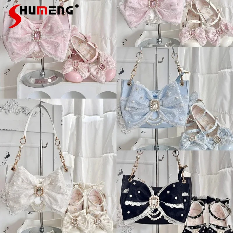 

Kawaii Girls Shopping Bags Japanese Lolita Matching Handbag Lace Decor Bow Knot Cute Underarm Bag Single Shoulder Bag For Women