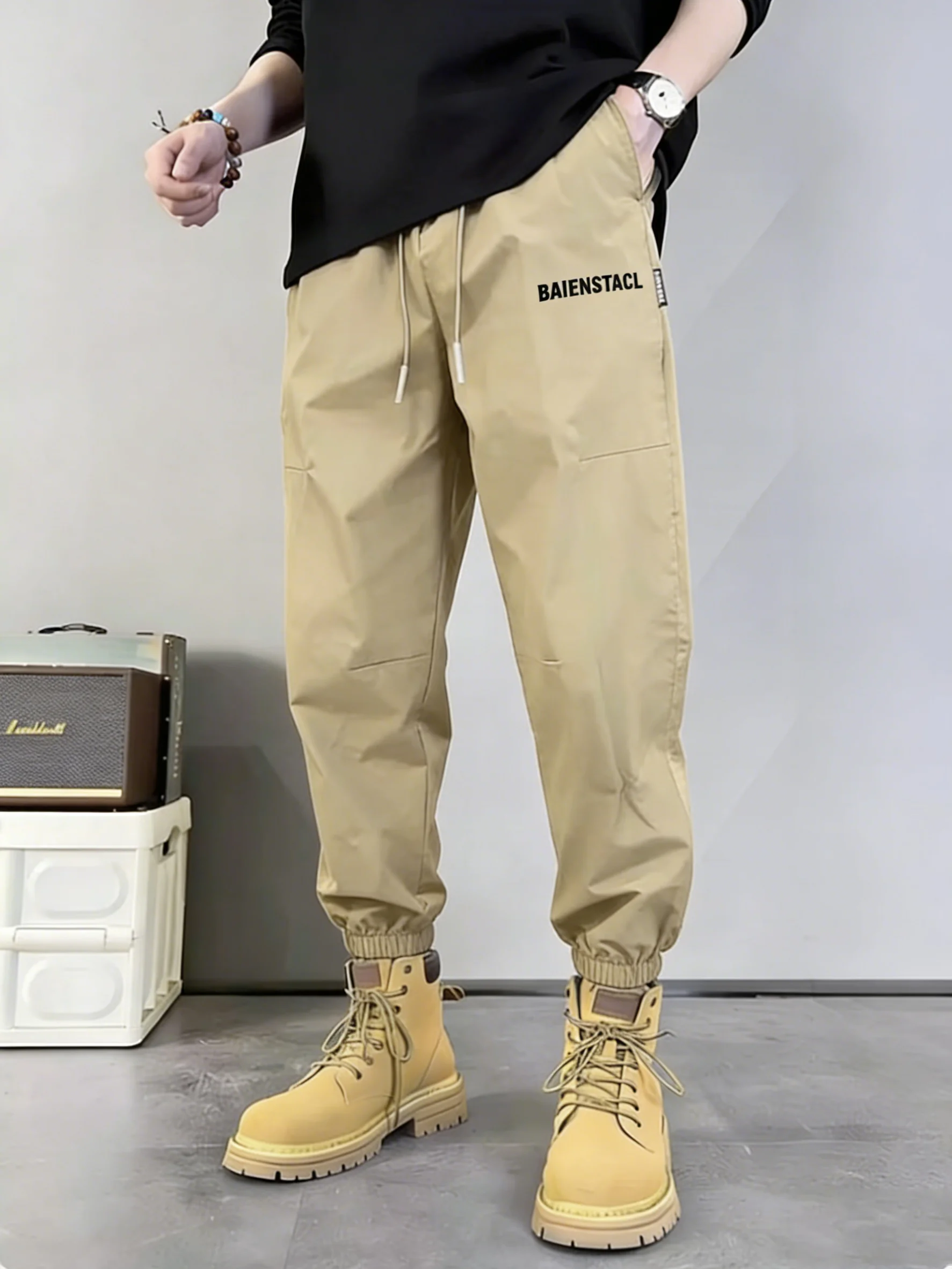 

Брюки цвета хаки свободного кроя, повседневные, в стиле «гарлен», мужские, весна-осень, новые, удобные, рабочие, в японском стиле, из полиэфирного волокна