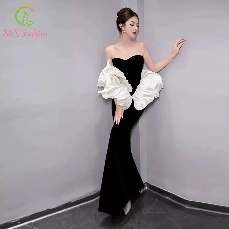 

SSYFashion Classic Black Velour Mermaid Evening Dress for Women Sexy Slim Strapless Fishtail Party Formal Gown Vestidos De Noche