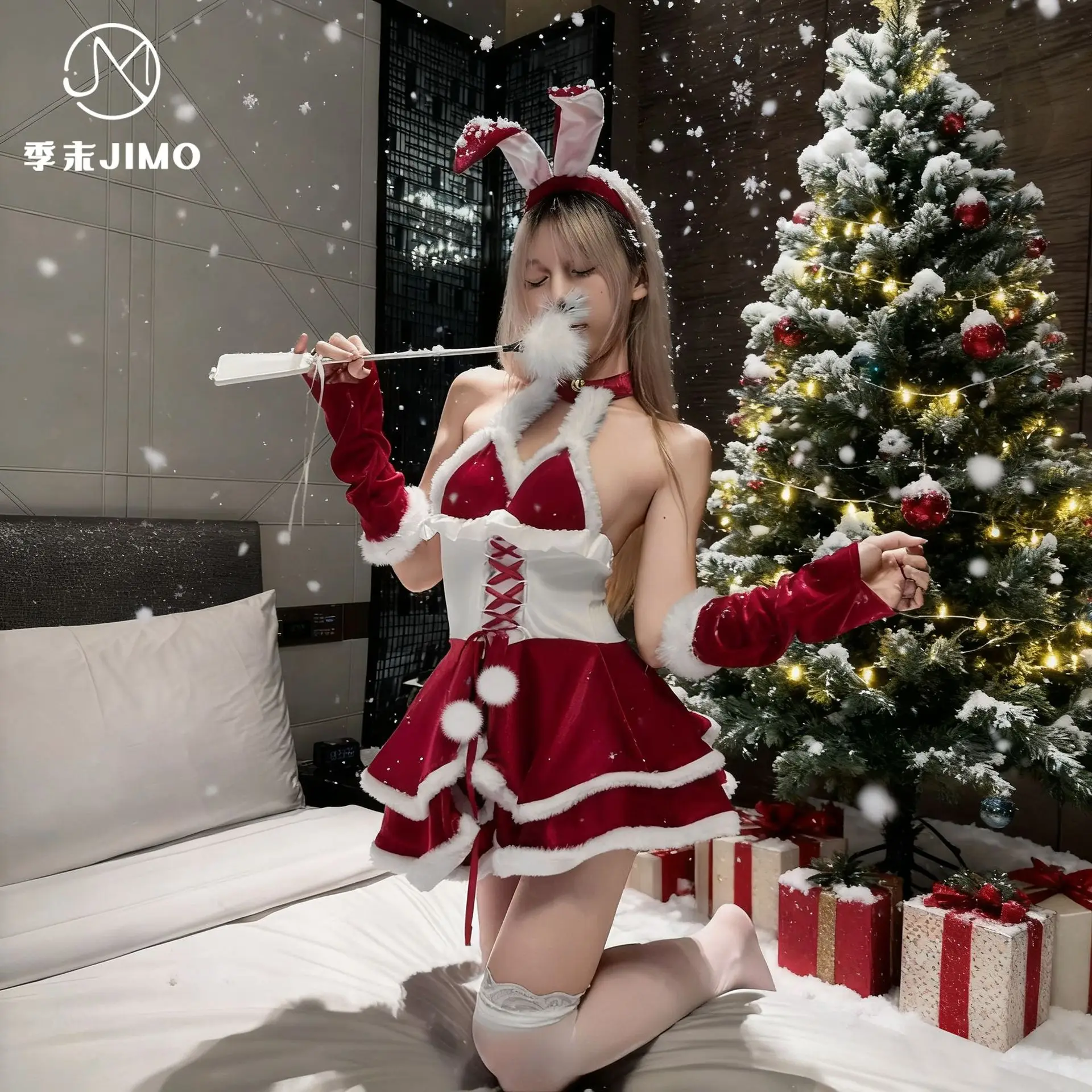 

New Design Women's Sexy Halter New Year Red Velvet Dress Adult Lady Stylish Chritsmas Party Cosplay Bunny Girl Costumes Outfits