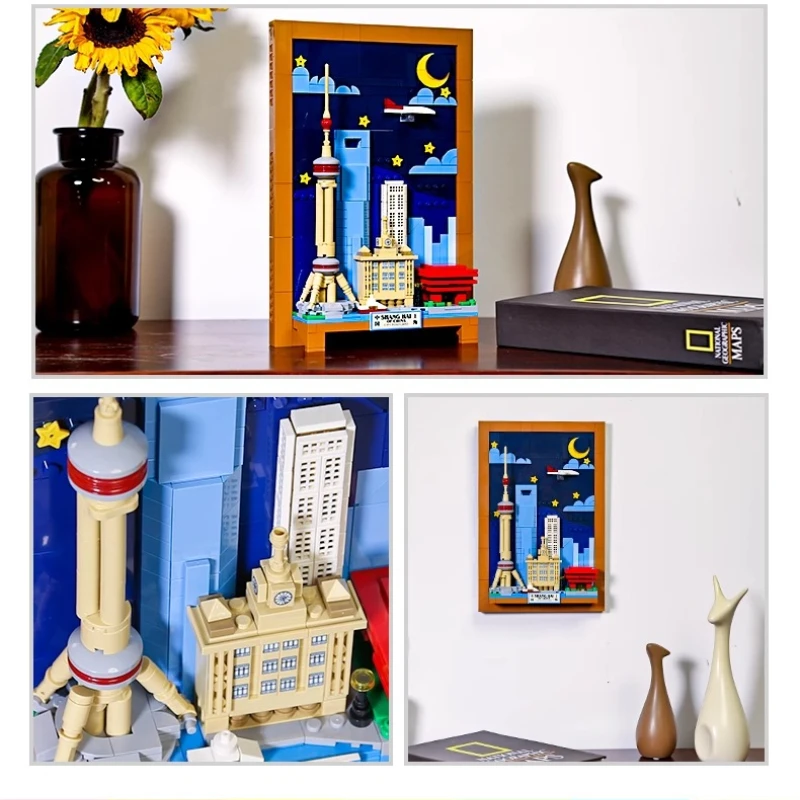 SEMBO 上海市ポストカードビルディングブロック子供向けトレンディプレイ組み立てビルディングデスクトップクリエイティブオーナメントおもちゃギフト