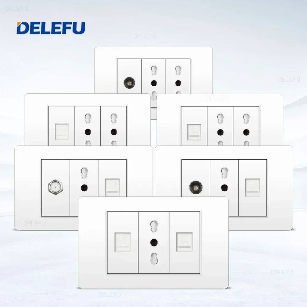 DELEFU White PC fireproof panel Italian Standard 118*74mm TEL CAT5E CAT6 TV satellite wall socket