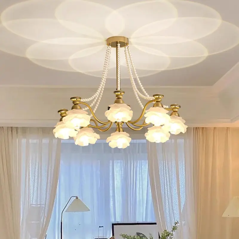 French Cream Style Bedroom Light, Retro Glass Pendant Light, American Living Room Light, Petal Shaped Master Bedroom Light