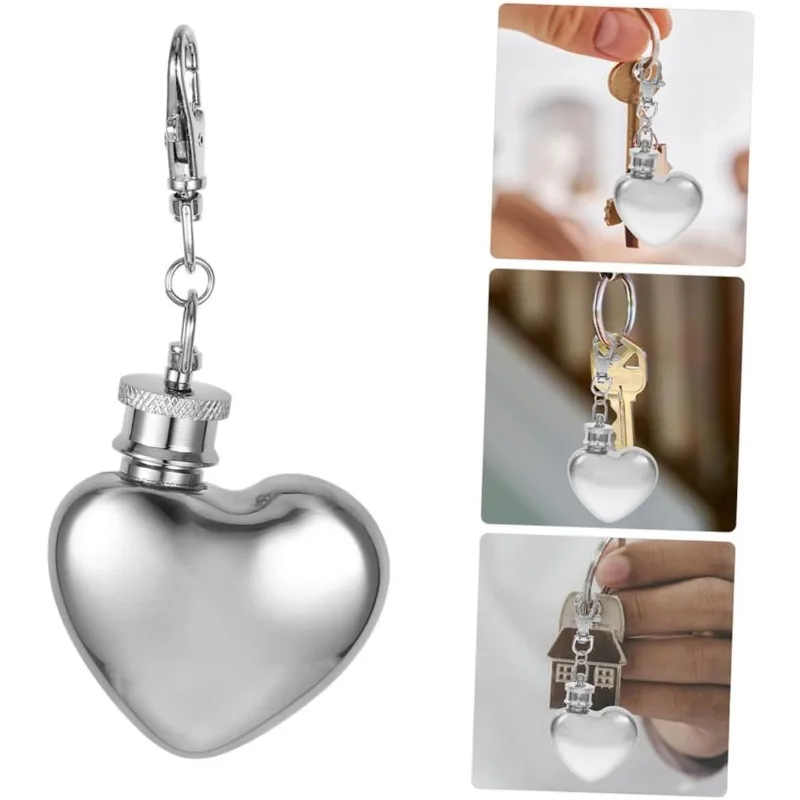 Portable Keychain Mini Hip Flask, Heart Shaped 1oz/30ml Mirror Polished 304 Stainless Steel Snuff Bottle with Key Chain