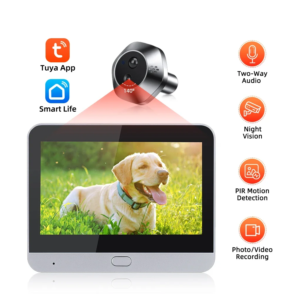 Smart Life Tuya WiFi Peephole Camera Door Bell 140° 1080P 5000mAh Battery PIR Motion Detector IR Digital Viewer 2-Way Talk