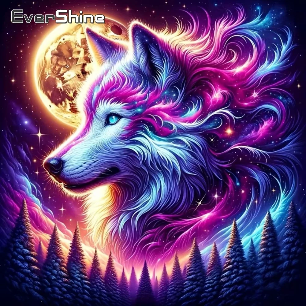 EverShine Diamant-Mosaik Wolf Tierbild Strass DIY Vollquadrat Rund Diamantmalerei Mond Stickerei Feiertagsgeschenke