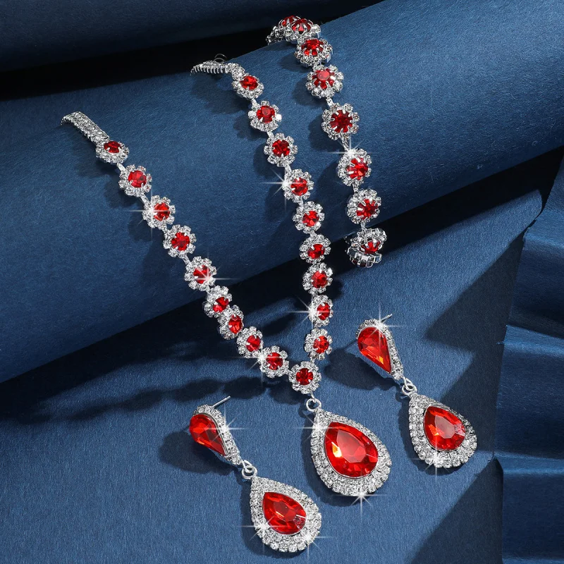 Middle Eastern Jewelry Hot Sale Necklace Earrings Bracelet Three-Piece Set Full Diamond Flower Bride Jewelry Set Dress Accessori