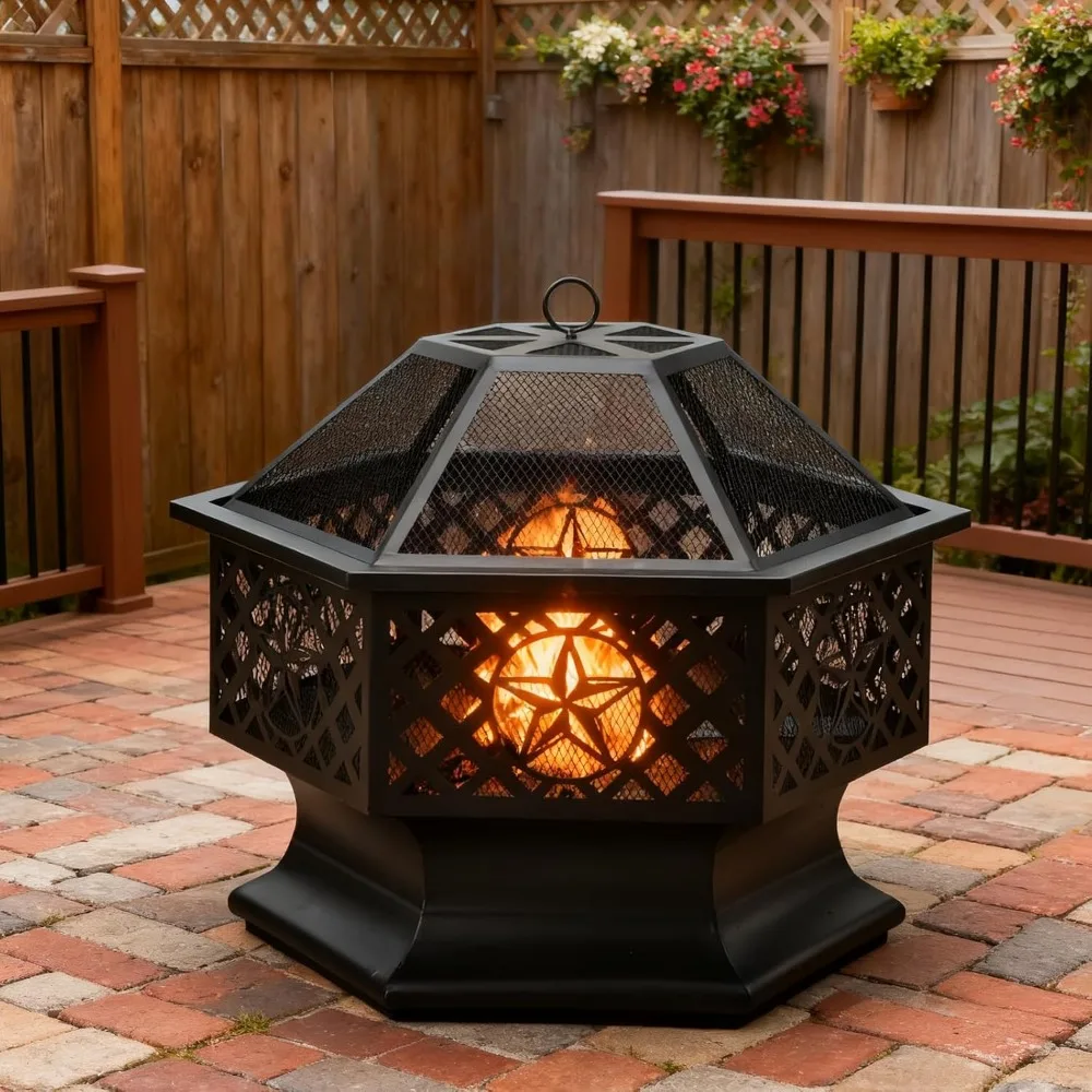 Outdoor Hexagonal Wood Burning Fire Pit with Spark Screen and Poker, 28 Inch Metal Fire Pit for Outdoor Use