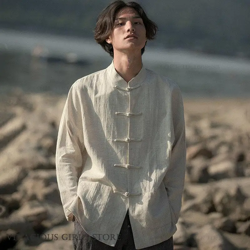 Chinese Style Tang Suit Top Men's Long Sleeve Shirt Jacket Vintage Classic Buckle Kung Fu Tai Chi Uniform Coat Eastical Clothes
