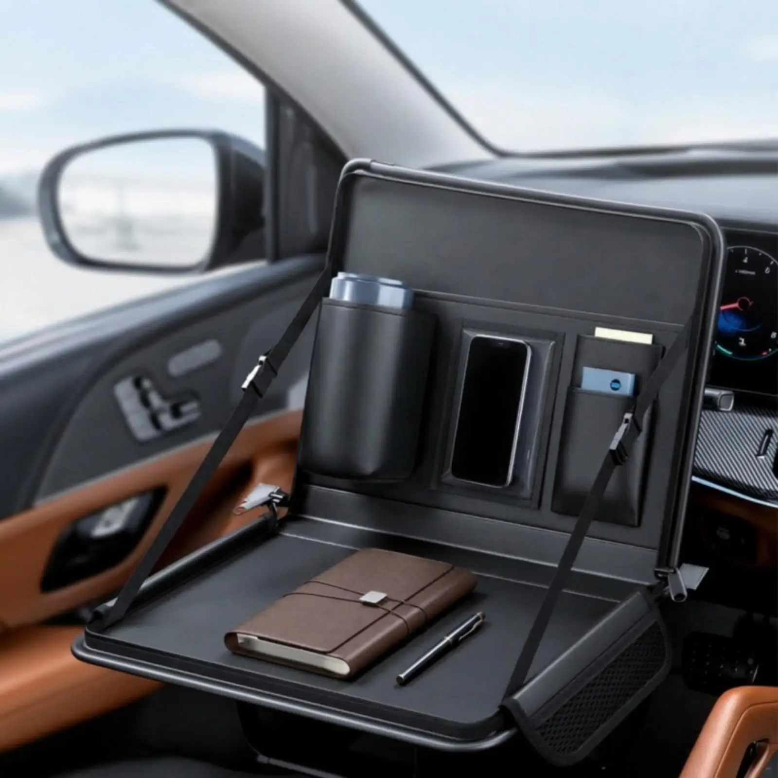 Folding Car Desk Board for Steering Wheel Leather Sponge Tray with Storage Pockets Phone Slot for Laptop Meal Break - view 4
