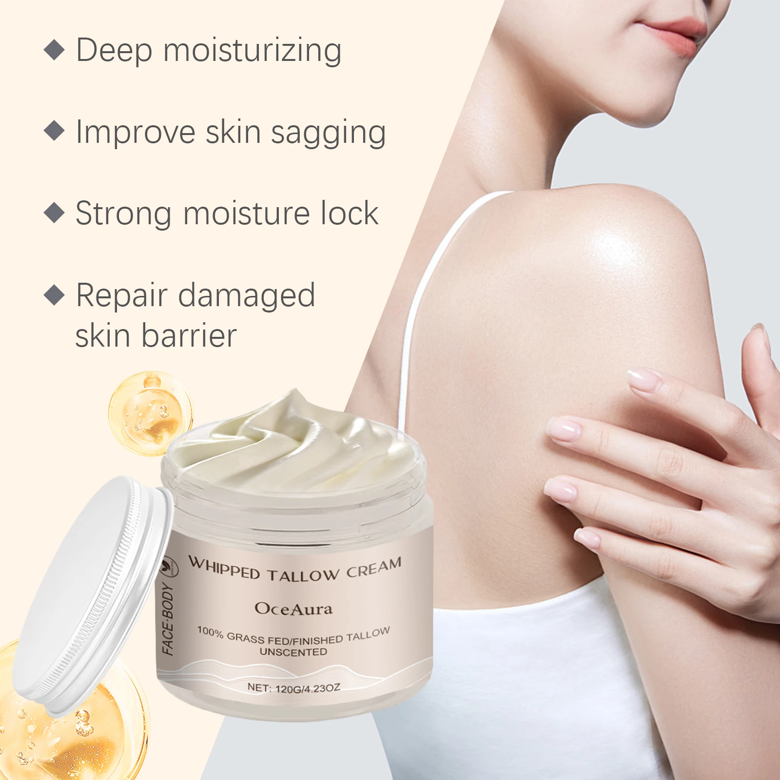 OceAura Grass Fed Beef Tallow كريم وجه تشديد حاجز الجلد إصلاح لينة ترطيب الوجه رفع كريم طويل القليل المخفوق 120 جرام