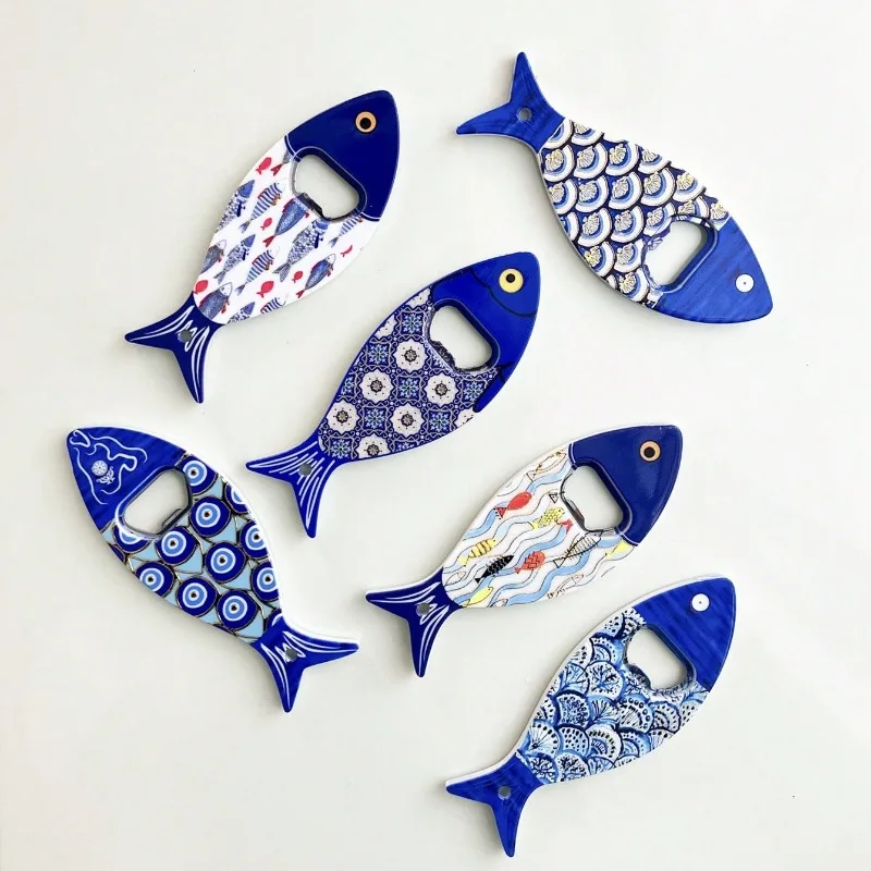 6pcs/SET Fish Shape Bottle Opener Refrigerator Sticker Relief Texture Bronzing Process Three-dimensional Refrigerator Sticker