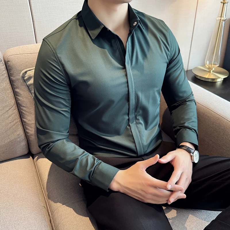 2024 Spring Long Sleeve Shirts Men Hidden Zipper Casual Shirts Slim Fit Solid Color Business Social Formal Shirt Men Clothing