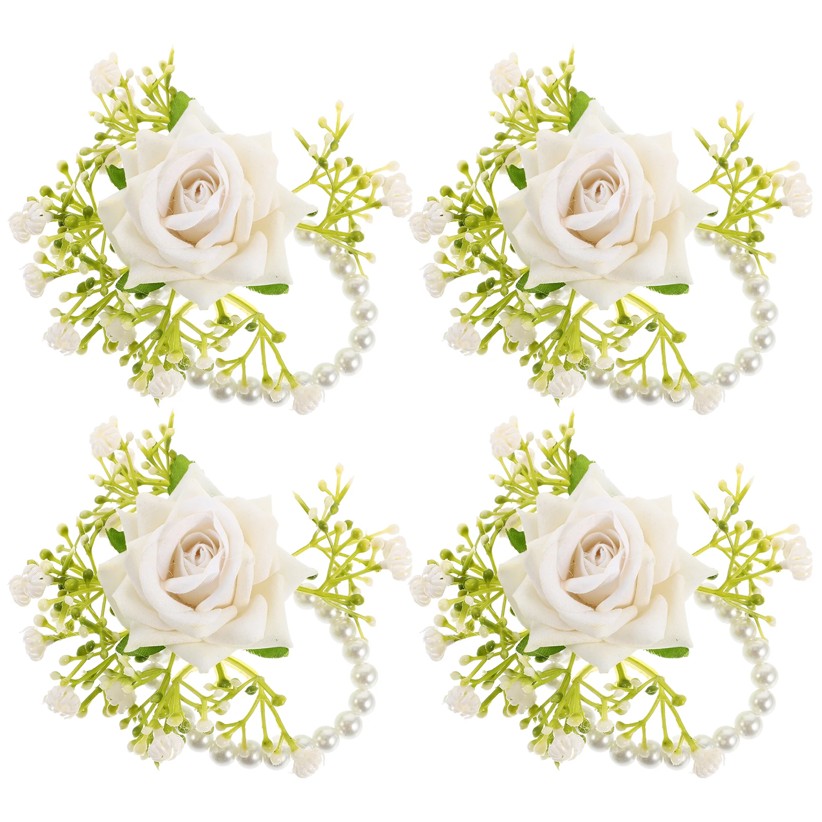 

4 Pcs Wrist Flower Corsage Artificial Wedding Bridesmaid Bracelets Supplies White Pearl Adjustable Size(corsage bracelet,