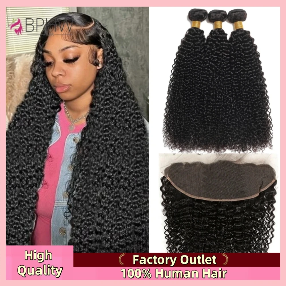 Weave encaracolado do cabelo humano para mulheres negras, cabelo do Virgin, peruano, 3 pacotes, extensões frontais do cabelo, Kinky, cor natural, 12A, cabelo humano de 100%